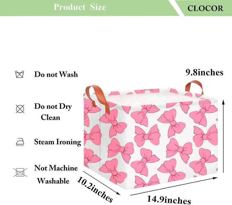 CLOCOR Rectangular Gift Basket Empty,Waterproof Storage Basket with Handles,Toys Bin,Books Box,Room Decor(Pink Bowknot) - Image 2